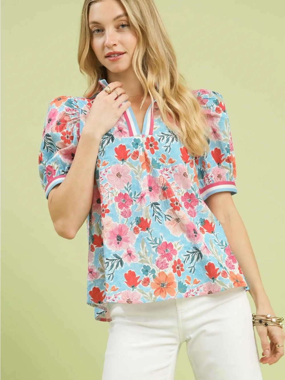 Umgee Aqua Floral Puff-Sleeve V-Neck Blouse